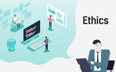 An illustration of a man being influenced by AI and lectures to represent the theme, 'AI ethics'