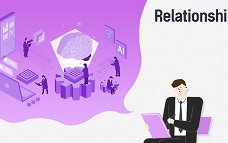An illustration of a man being influenced by artificial intelligence with images representing Human-AI relationships