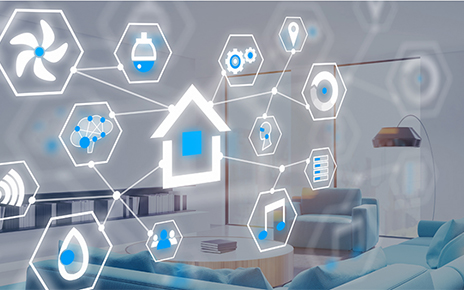 Various icons are connected with lines and a photo of a living room is in the background