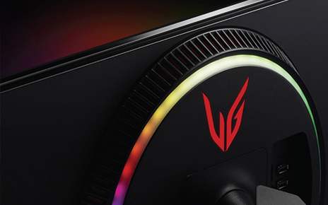 Rear view of LG UltraGear Monitor with its eye-catching logo that resembles the wings of Greek goddess Nike.