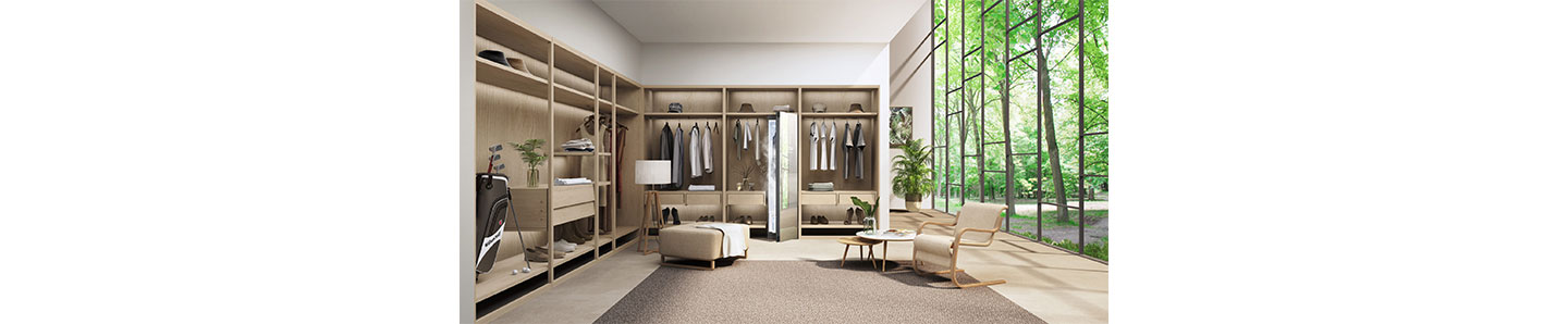 LG Styler adding a touch of elegance to an open walk-in closet.