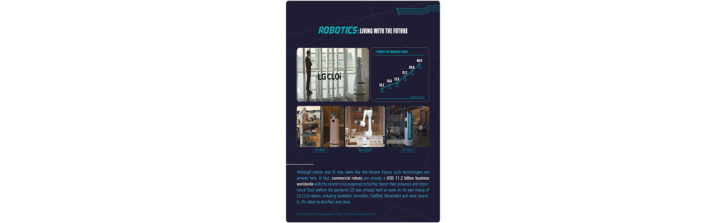 The page introducing LG's robotics with photos of various CLOi robots used for different purposes.