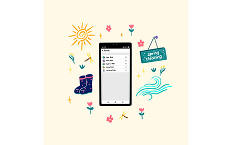 An illustration of a smartphone displaying the LG ThinQ app's Routine feature, with small pictures of flowers, the sun and rainboots surrounding to emphasize spring