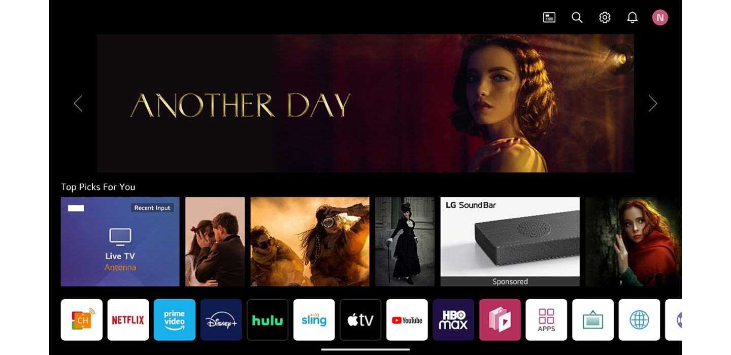 The new webOS Home Screen displaying popular shows, recommended content and icons for every popular video streaming service