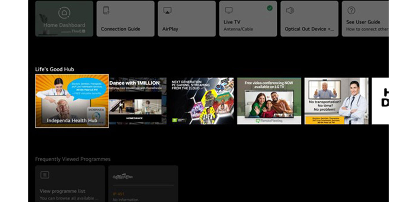 The webOS Home Screen’s new Life’s Good Hub category providing content designed to enhance quality time spent at home.