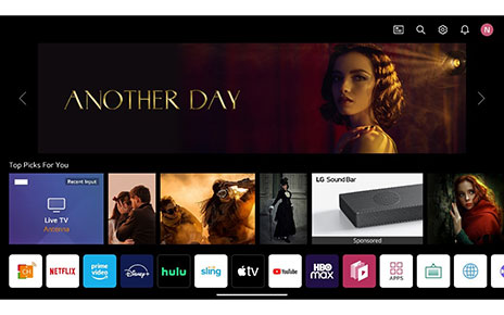 The new webOS Home Screen displaying popular shows, recommended content and icons for every popular video streaming service