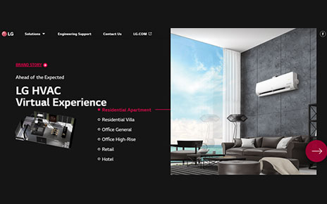  LG HVAC Virtual Experience’s main page with the list of virtual zones alongside a picture of the modern residential apartment showroom