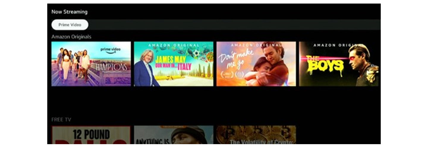 The LG Smart TV webOS screen listing Prime Video’s popular Amazon Originals as thumbnails.
