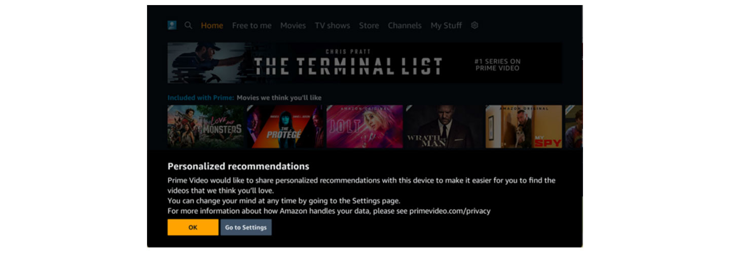 Amazon Prime Video’s webOS Home Page with a notification being displayed explaining the platform’s personized recommendations.