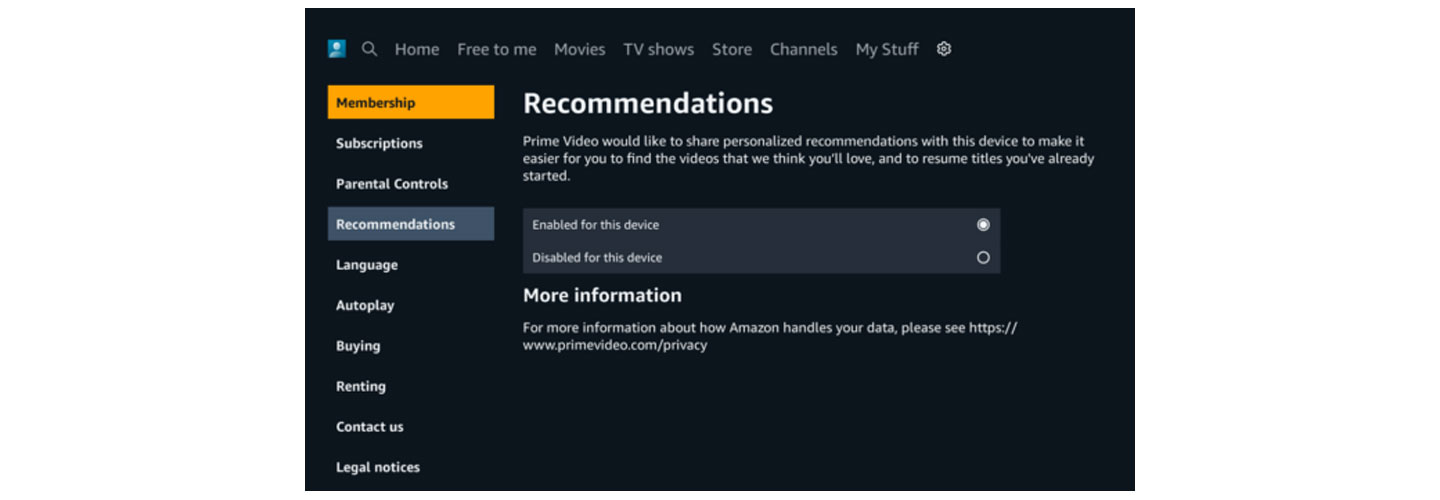 The settings page of webOS which lets users see and edit their membership, subscriptions, recommendations, etc., with ease.