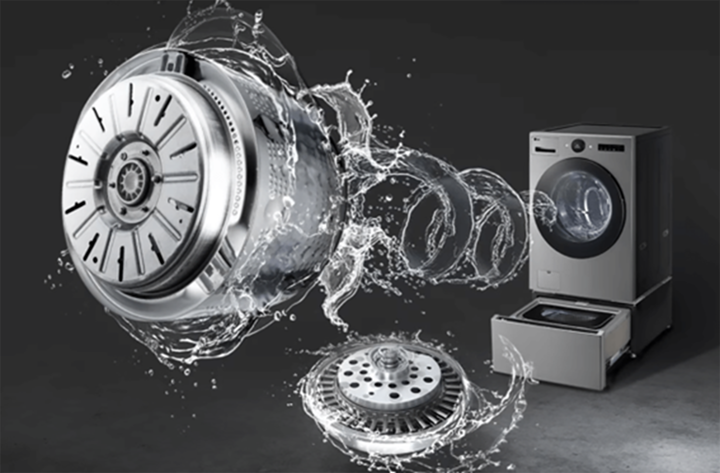 An image of an LG washer highlights the Direct Drive (DD) motor, surrounded by a dynamic water splash effect against a dark background.