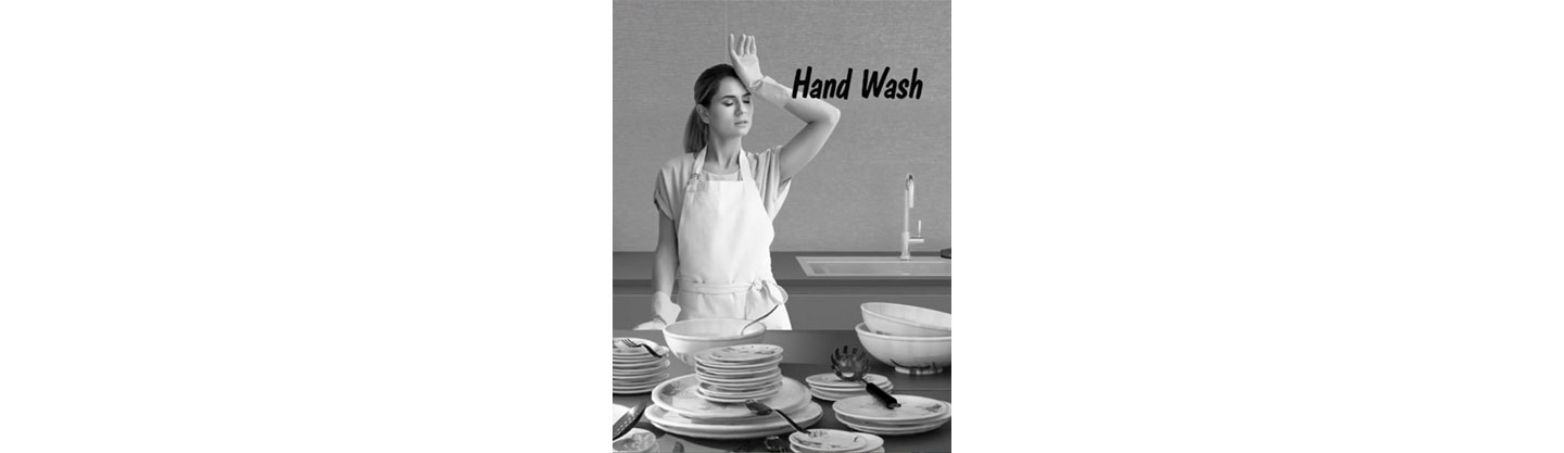 A woman suffering from a headache from having to wash all the dishes by herself