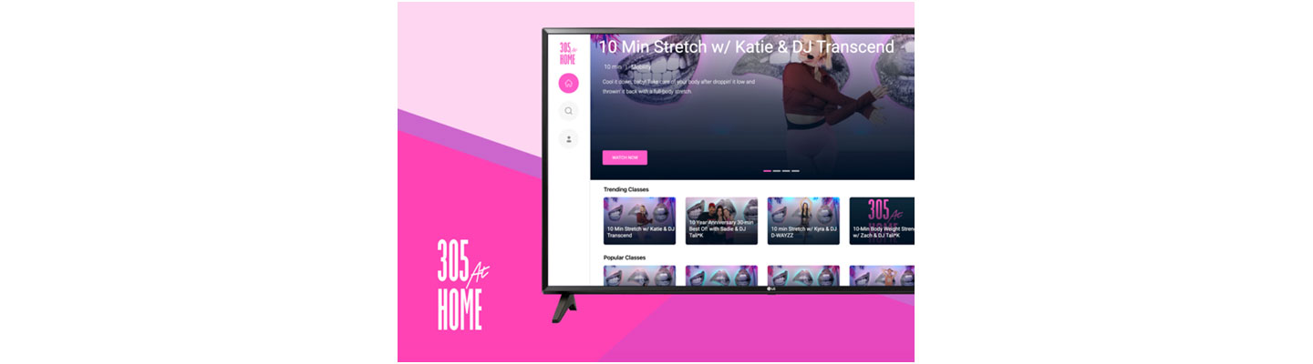 The 305 At Home home screen showing the most popular and most trending classes on an LG TV
