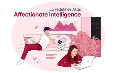 An illustration a man and a woman next to LG products with the words 'LG redefines AI as Affectionate Intelligence'