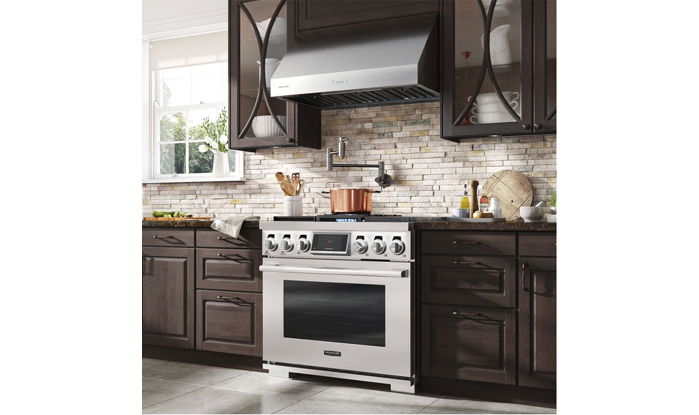 LG's kitchen appliances for the virtual KBIS 2021 displayed in a beautiful home kitchen.