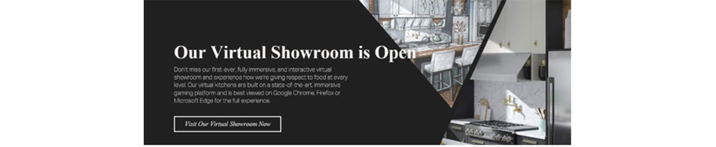 A screenshot of the online gateway to LG's virtual showroom with photos of kitchen displays featuring the LG appliances available during KBIS 2021.