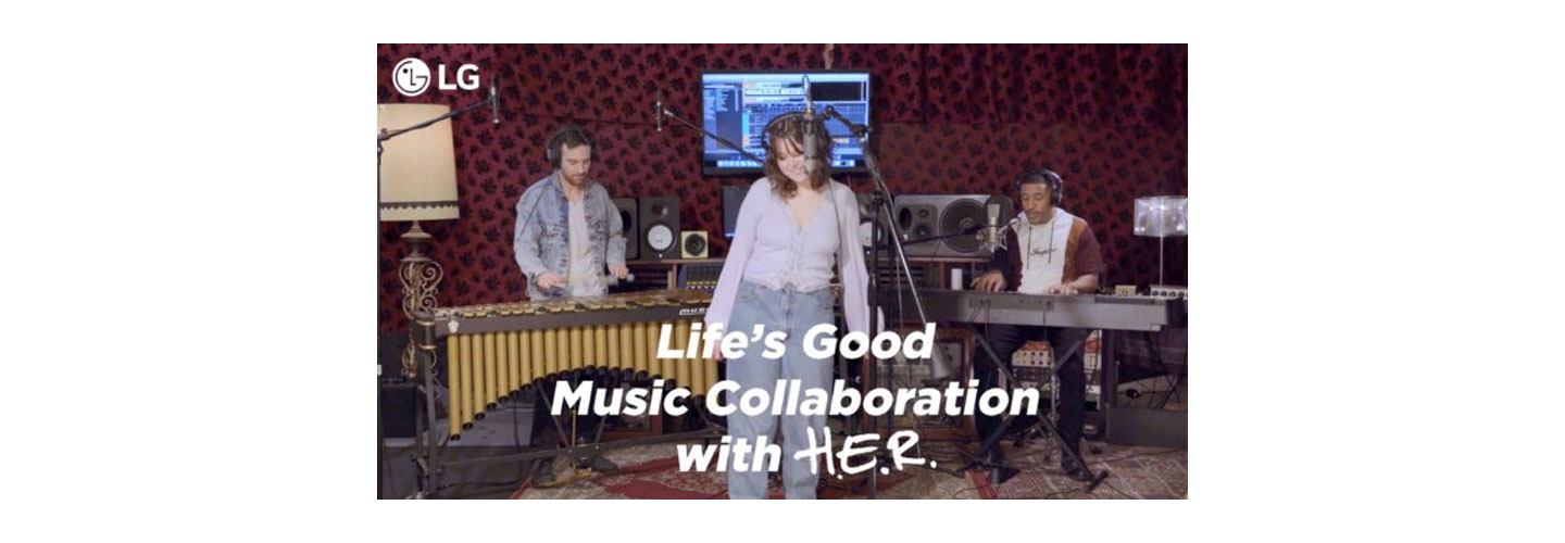 The three winners of LG’s Life’s Good Music Project in a studio recording a song together