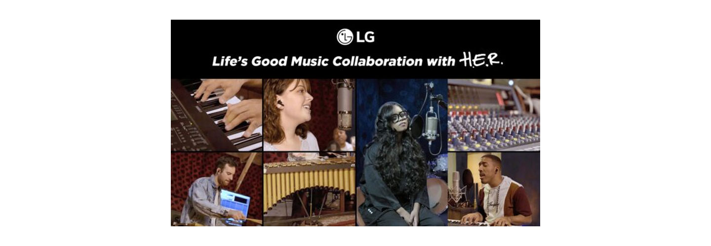 A photo collage for the Life’s Good Music Collaboration with H.E.R. showing the instruments used and performers recording as the campaign progressed