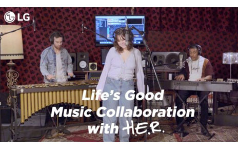 The three winners of LG’s Life’s Good Music Project in a studio recording a song together