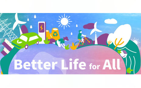 An illustration to depict a environmentally friendly lifestyle with images of an electric vehicle, wind turbine, farmer and more