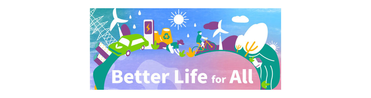 An illustration to depict a environmentally friendly lifestyle with images of an electric vehicle, wind turbine, farmer and more