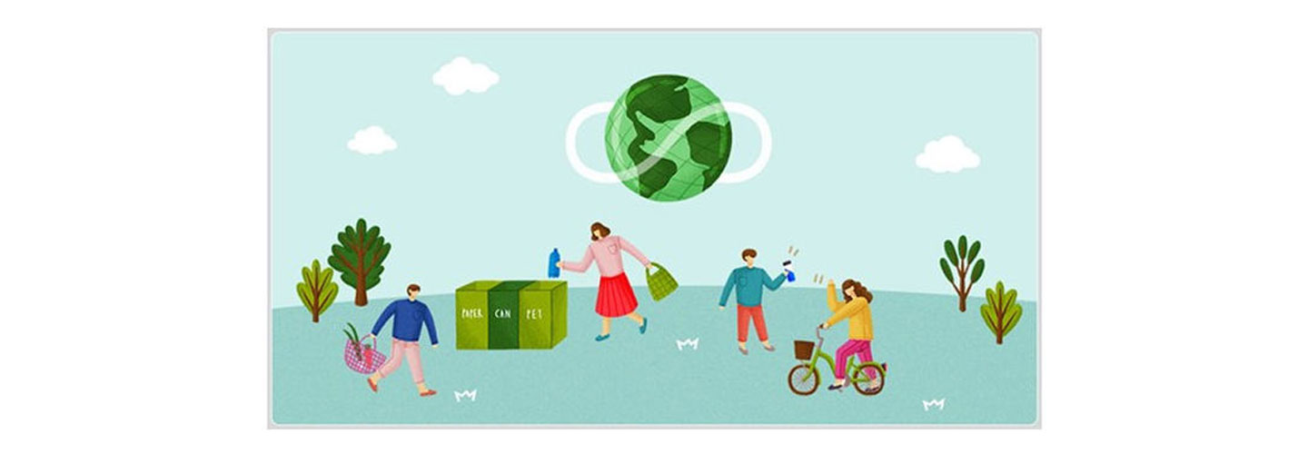 An illustration of people recycling, riding bicycle and using reusable grocery bags to take care of the environment