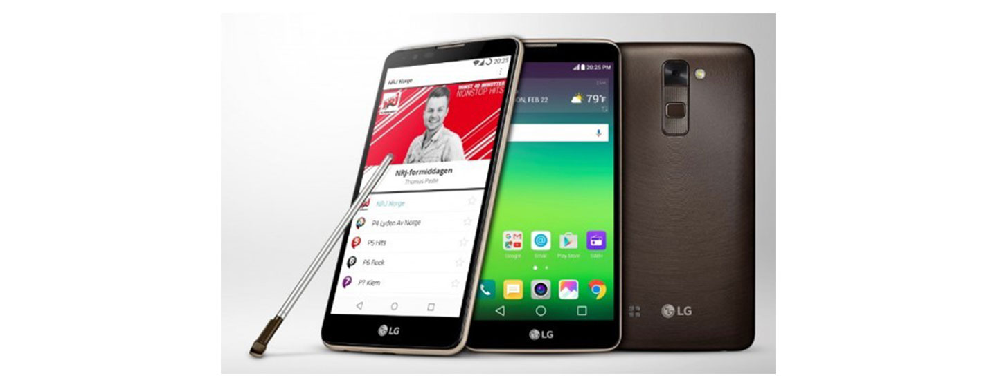 Front, rear and side views of LG Stylus 2 with its stylus, which supports DAB+ to give users access to a huge number of channels
