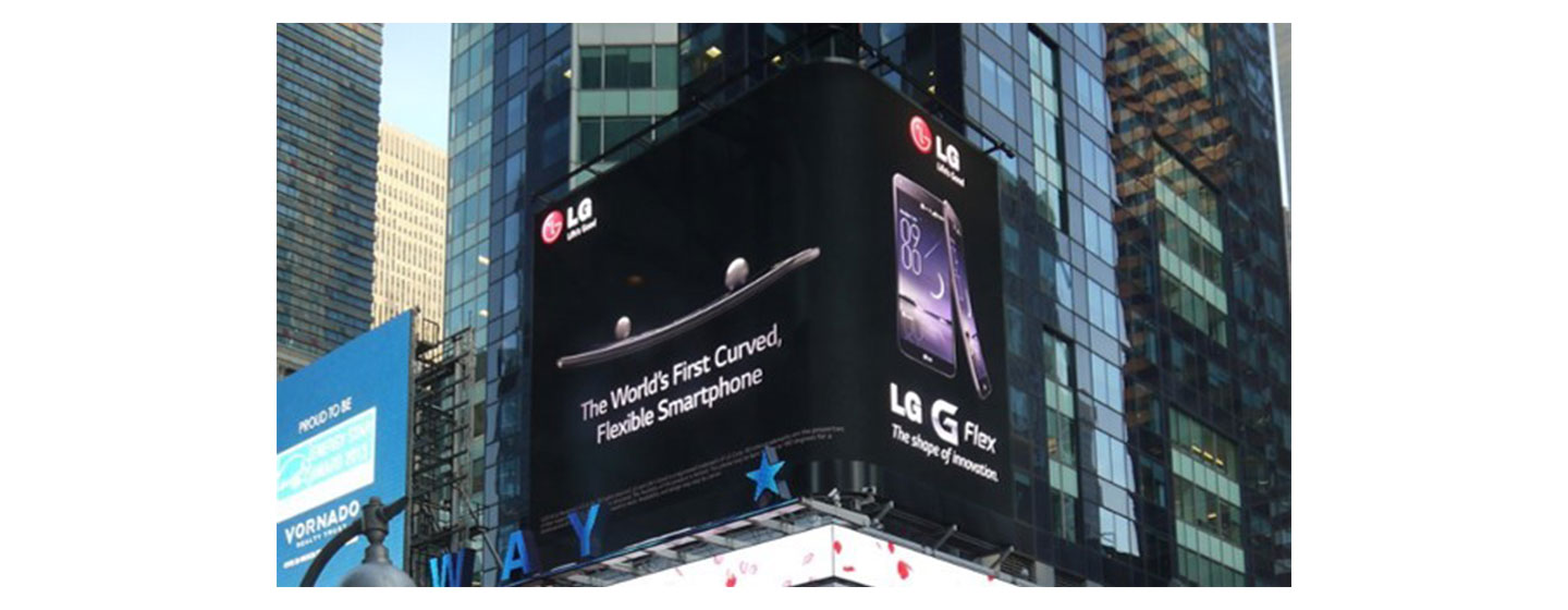 An advertisement for LG G Flex, the world’s first curved flexible smartphone, in the middle of a bustling city