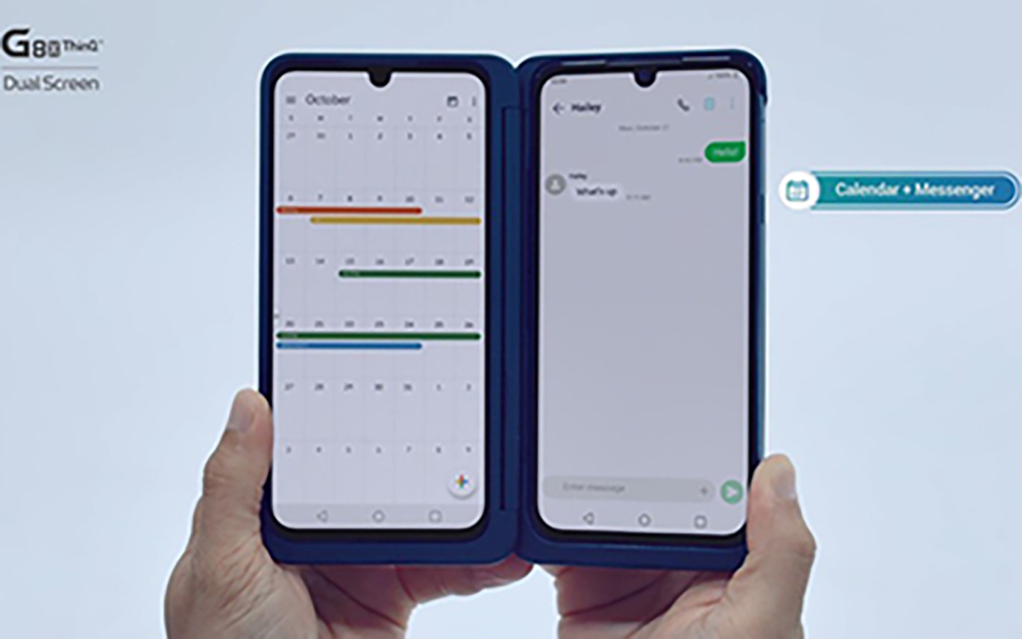 The LG G8X ThinQ with Dual Screen held up with two hands while displaying the calendar on screen, and the text application on the other simultaneously.