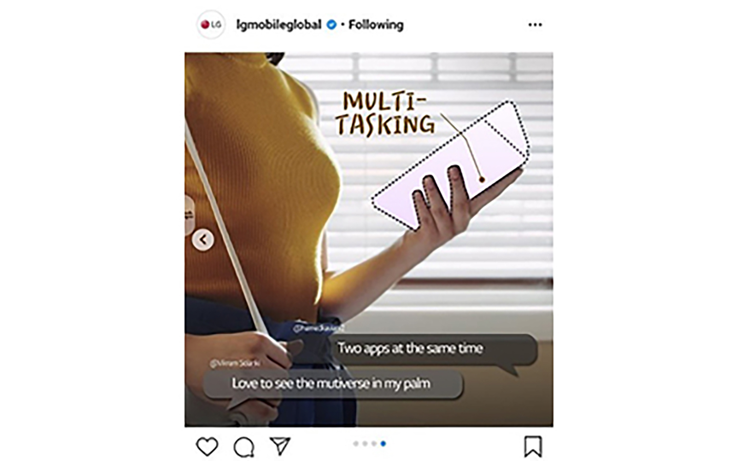 An image posted on Instagram titled ‘Multi-tasking’ to promote the benefits of LG G8X ThinQ with Dual Screen.