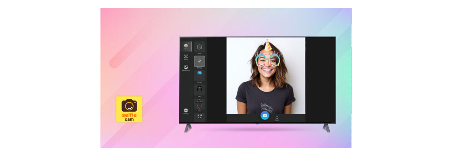 An LG Smart TV display shows the Selfie Cam feature for photo editing