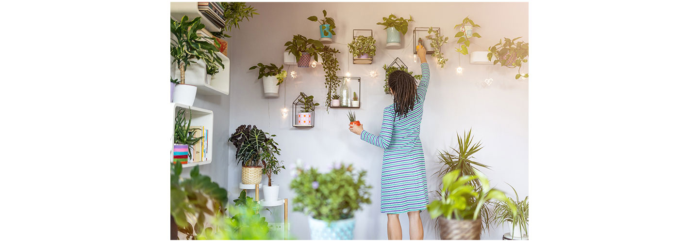 A woman is placing plants on a black frame hanging on the wall