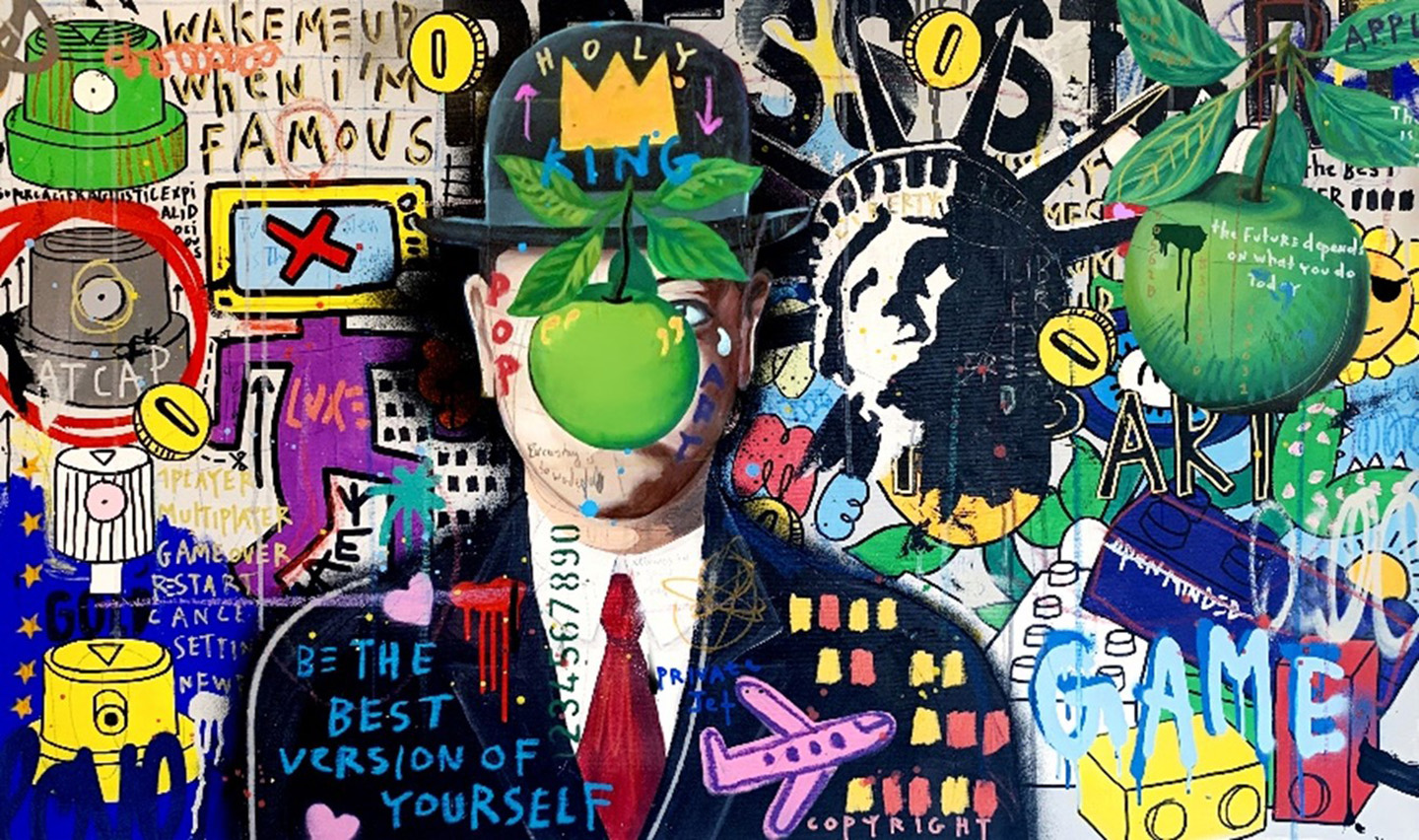 The ‘Game’ painting by Jisbar made for the LG OLED Gallery, featuring Rene Magritte’s “The Son of Man” with a twist. 