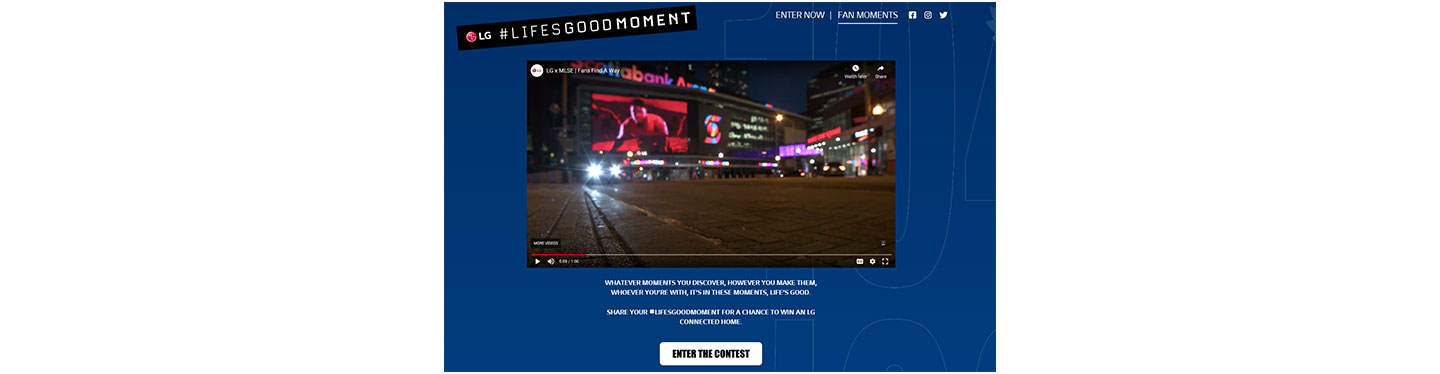 A screenshot of the LG Life’s Good Moment webpage where fans can watch a video before clicking a link below to enter the competition.