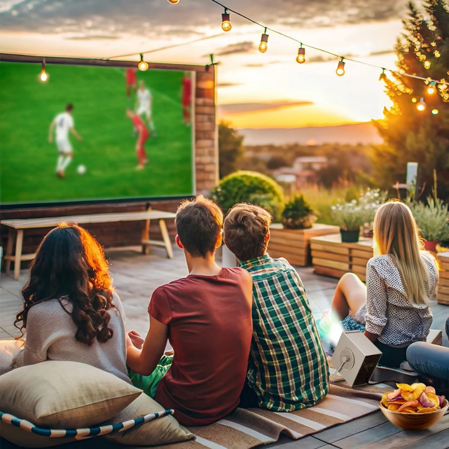 A photo of four people watching soccer on a display 