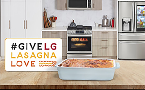 A screenshot of the Give LG Lasagna Love Challenge website with a Lasagna placed in a kitchen fully equipped with LG appliances.