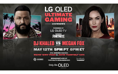 A promotional image for the LG OLED Ultimate Gaming Showdown on Fortnite between DJ Khaled and Megan Fox