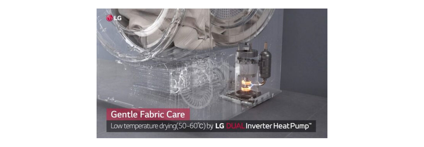 A transparent LG dryer rendering illustrates how DUAL Inverter Heat Pump™ utilizes lower temperatures to prevent damage to clothing