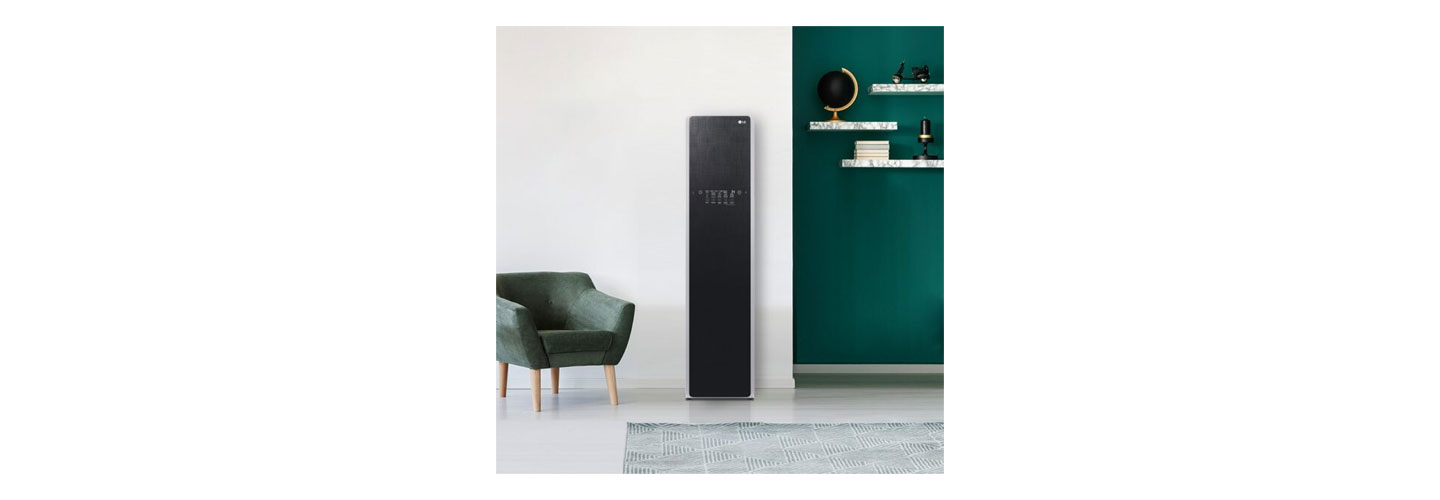 LG Styler which employs pure water-powered TrueSteam™ technology stands on the wall of a modern living space