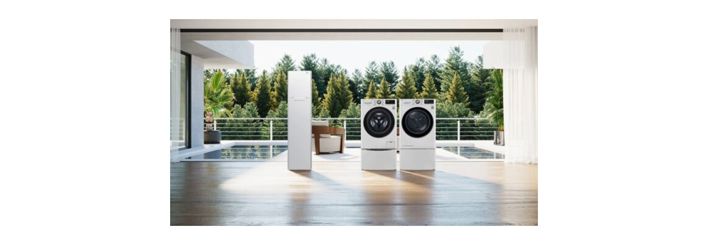 LG’s sustainable life appliances, including its Styler, washer and dryer, displayed in a modern room that opens up into a green forest