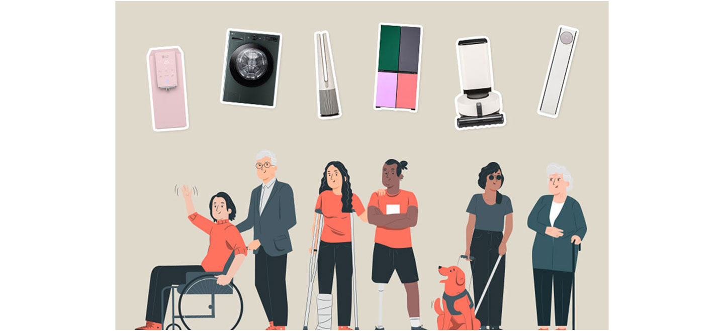 Illustration that features people with different disabilities and LG products