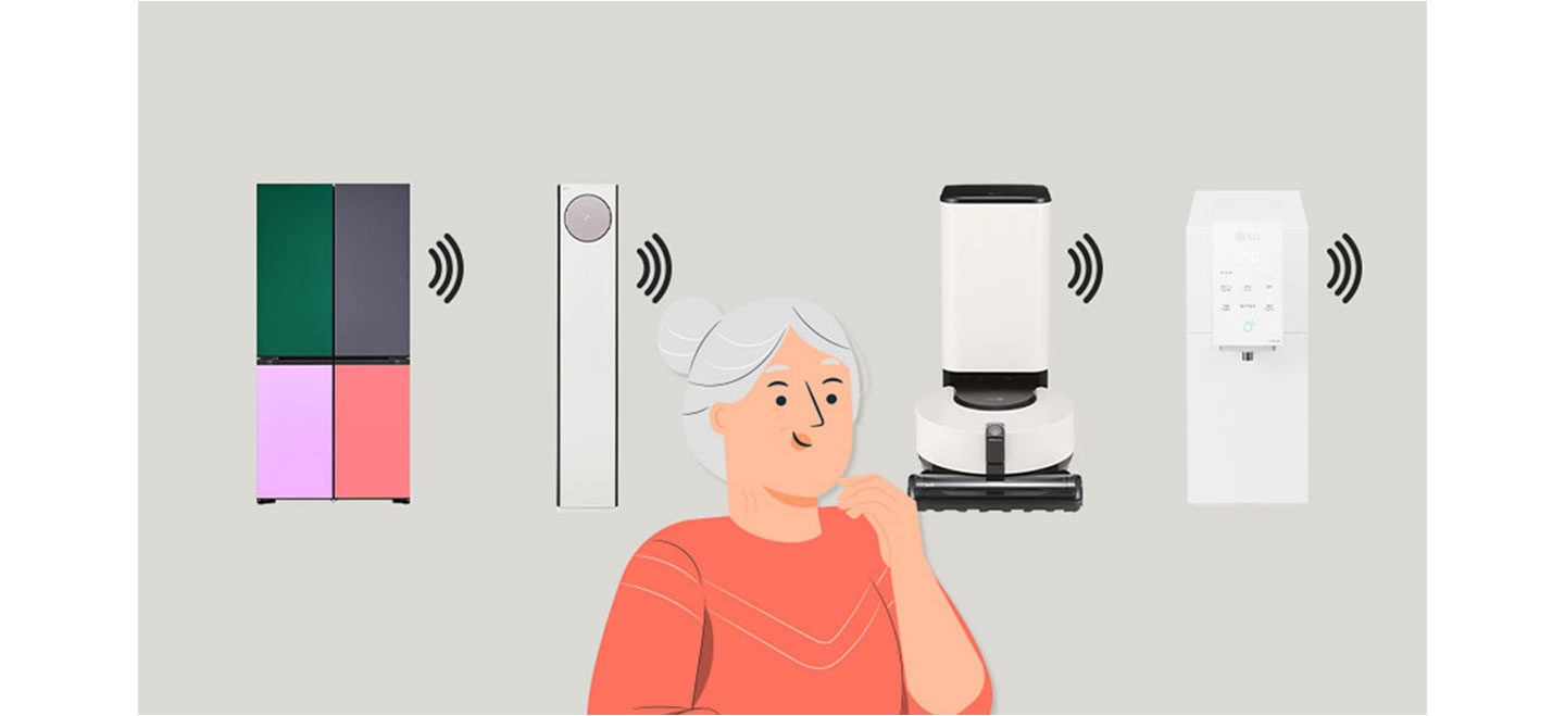 Illustration of four different LG products with a person in the middle