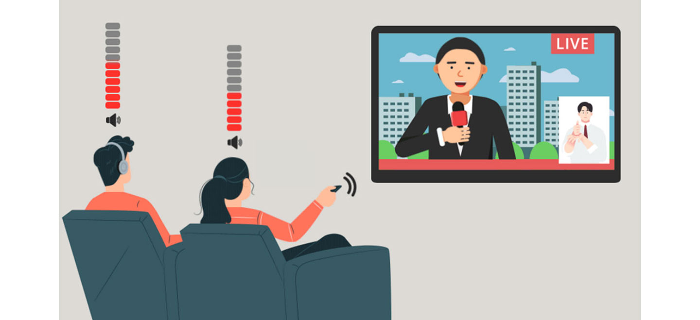 Illustration of a person turning up the volume of TV with a remote control