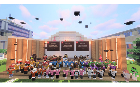 Employees’ virtual avatars throwing their hats in the air to celebrate graduation during LG’s online metaverse ceremony.