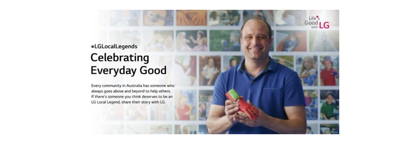 A promotional image of LG Local Legends campaign with a photo of a man smiling, holding a robot hand