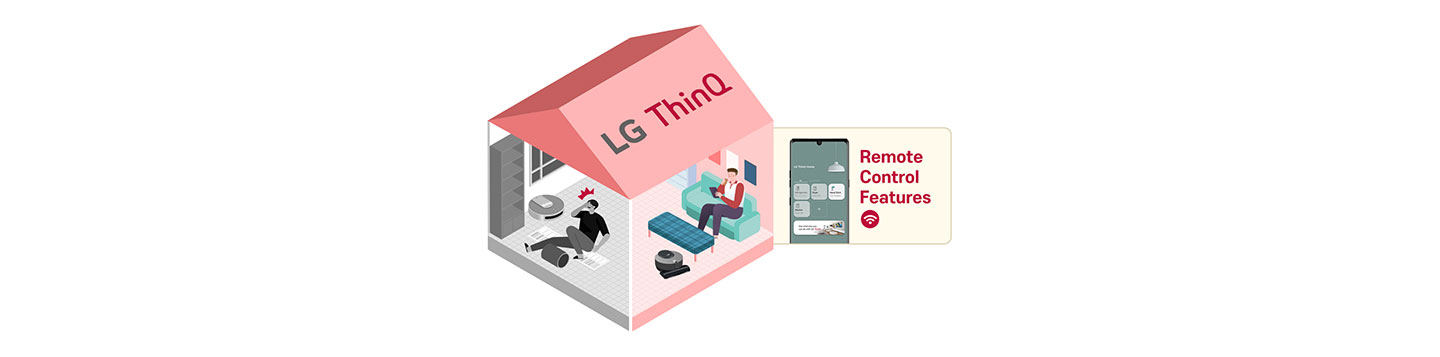 An illustration of a house with a person inside enjoying a more convenient life via the LG ThinQ app's remote-control features.