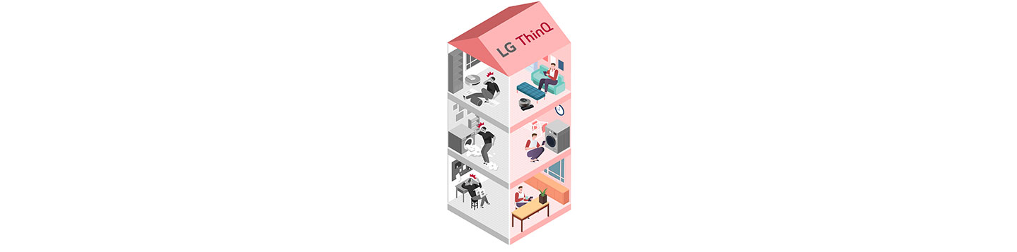 An illustration of a three-story house with people inside conveniently using LG's devices thanks to the LG ThinQ app and its diverse features.