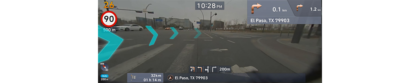 LG’s AR software solution giving directions as seen by the driver of the vehicle.