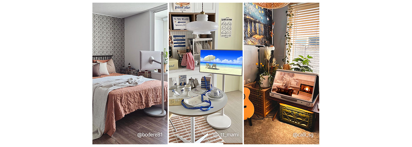 Three images of the LG StanbyME in different home settings combined together