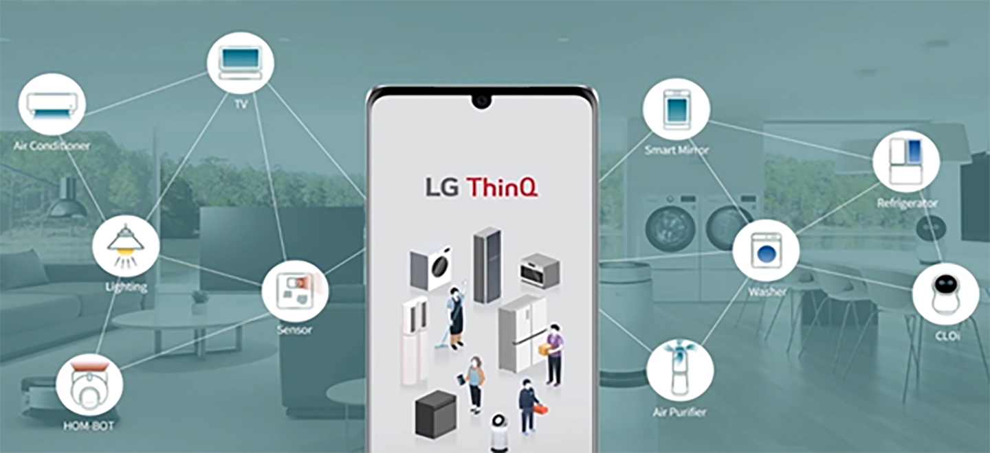 A smartphone displaying the LG ThinQ app with ten different icons representing various LG home appliances connected in the background